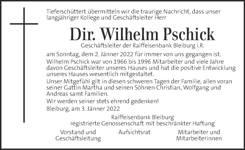  Traueranzeige für Wilhelm Pschick vom 05.01.2022 aus Kleine Zeitung