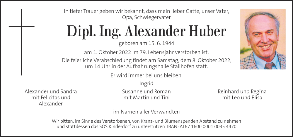  Traueranzeige für Alexander Huber vom 06.10.2022 aus Kleine Zeitung
