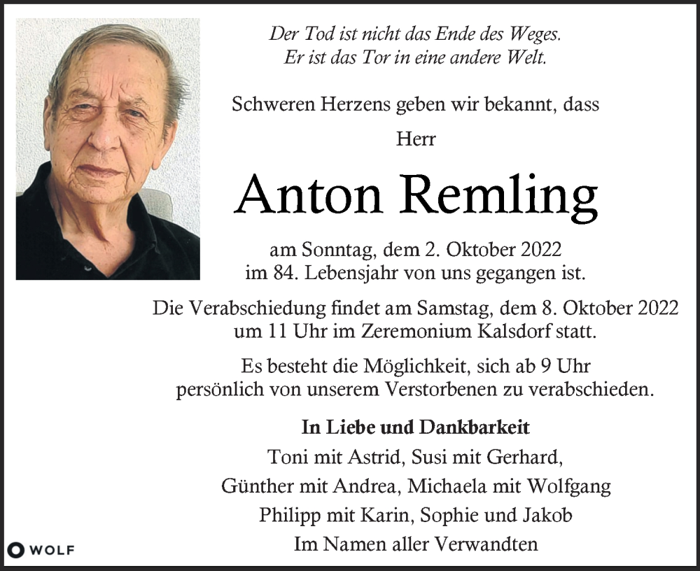 Traueranzeige für Anton Remling vom 05.10.2022 aus Kleine Zeitung
