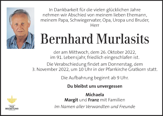 Traueranzeige von Bernhard Murlasits von Kleine Zeitung