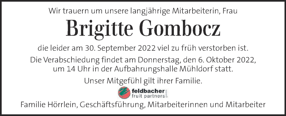  Traueranzeige für Brigitte Gombocz vom 05.10.2022 aus Kleine Zeitung