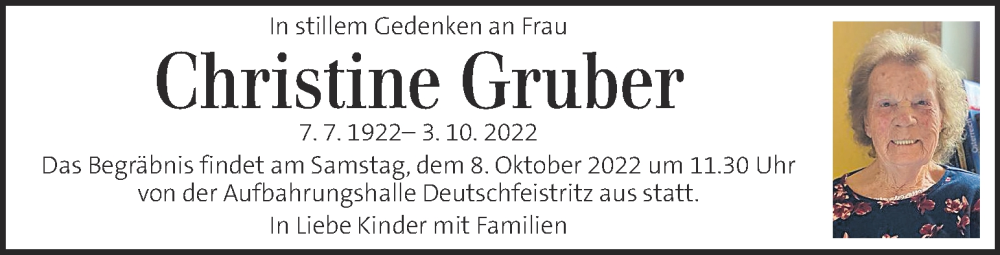  Traueranzeige für Christine Gruber vom 05.10.2022 aus Kleine Zeitung