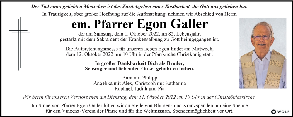  Traueranzeige für Egon Galler vom 07.10.2022 aus Kleine Zeitung