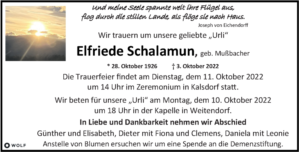  Traueranzeige für Elfriede Schalamun vom 07.10.2022 aus Kleine Zeitung