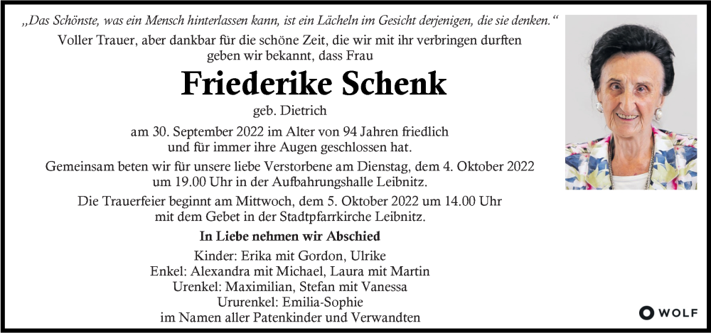  Traueranzeige für Friederike Schenk vom 04.10.2022 aus Kleine Zeitung