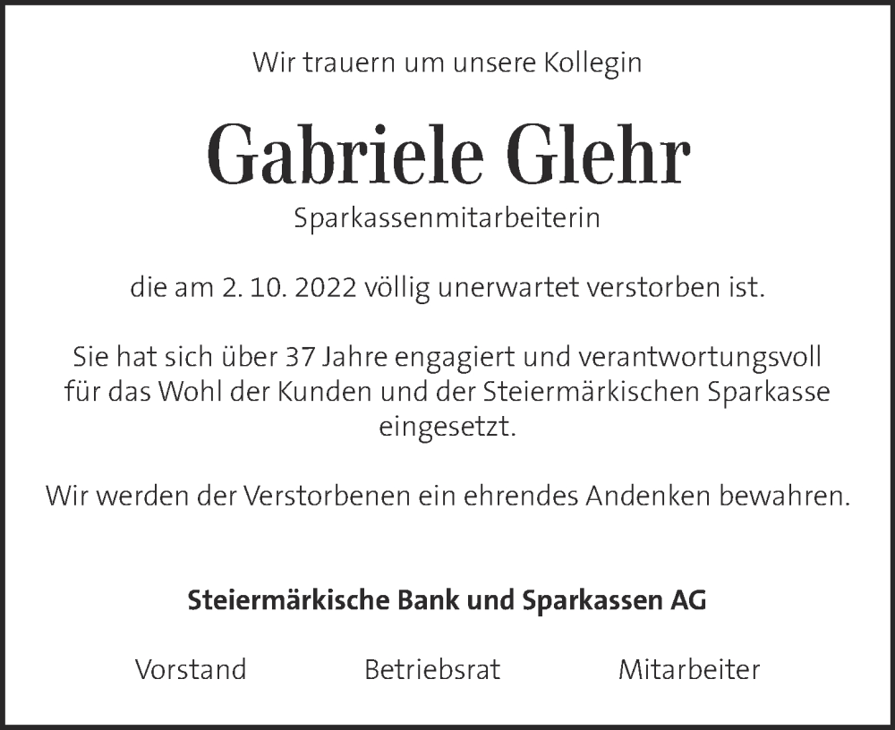  Traueranzeige für Gabriele Glehr vom 07.10.2022 aus Kleine Zeitung
