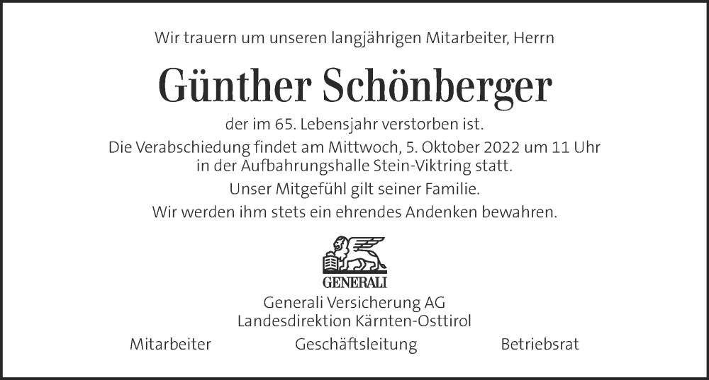  Traueranzeige für Günther Schönberger vom 02.10.2022 aus Kleine Zeitung