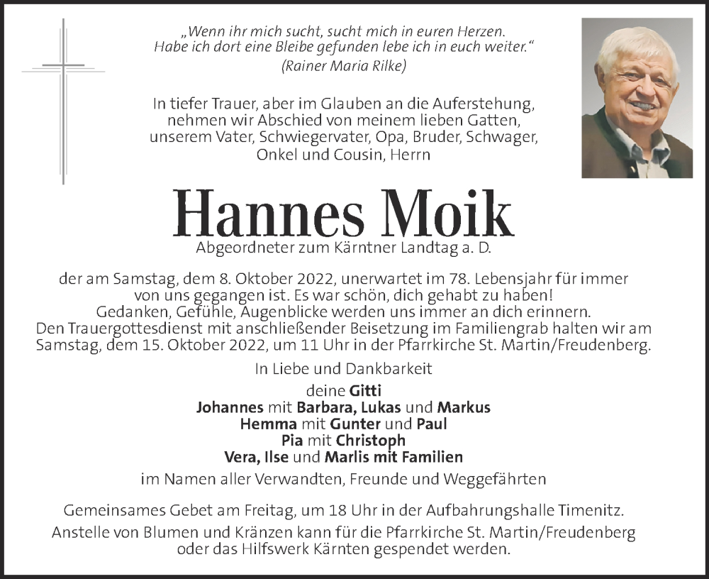  Traueranzeige für Hannes Moik vom 13.10.2022 aus Kleine Zeitung