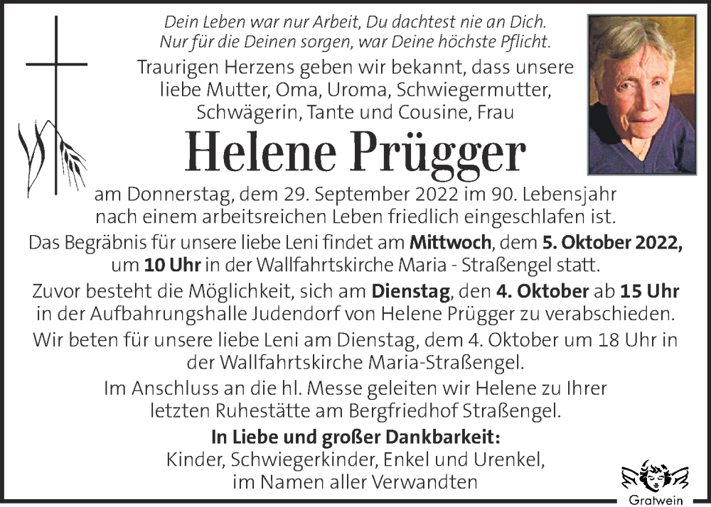  Traueranzeige für Helene Prügger vom 02.10.2022 aus Kleine Zeitung