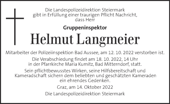 Traueranzeige von Helmut Langmeier von Kleine Zeitung
