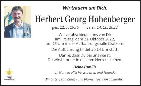 Traueranzeige von Herbert Georg Hohenberger von Kleine Zeitung