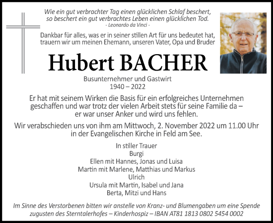 Traueranzeige von Hubert Bacher von Kleine Zeitung