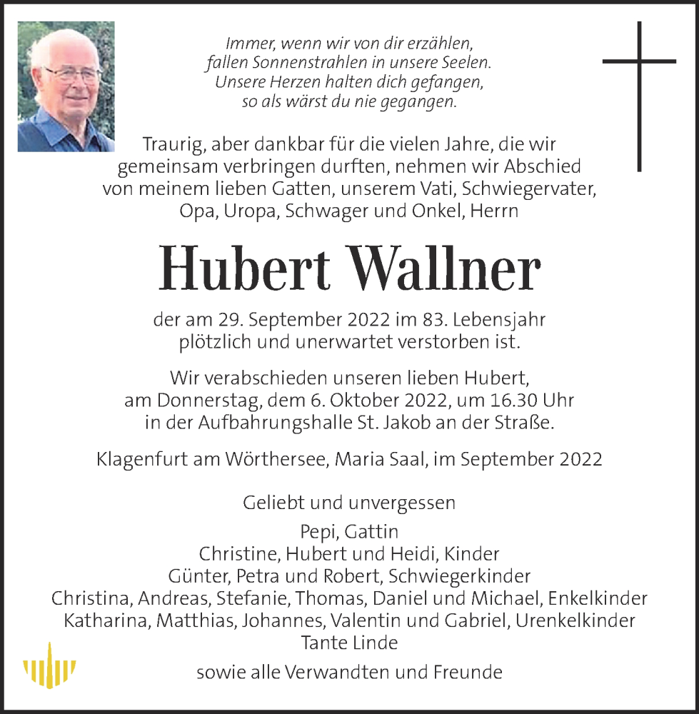  Traueranzeige für Hubert Wallner vom 02.10.2022 aus Kleine Zeitung