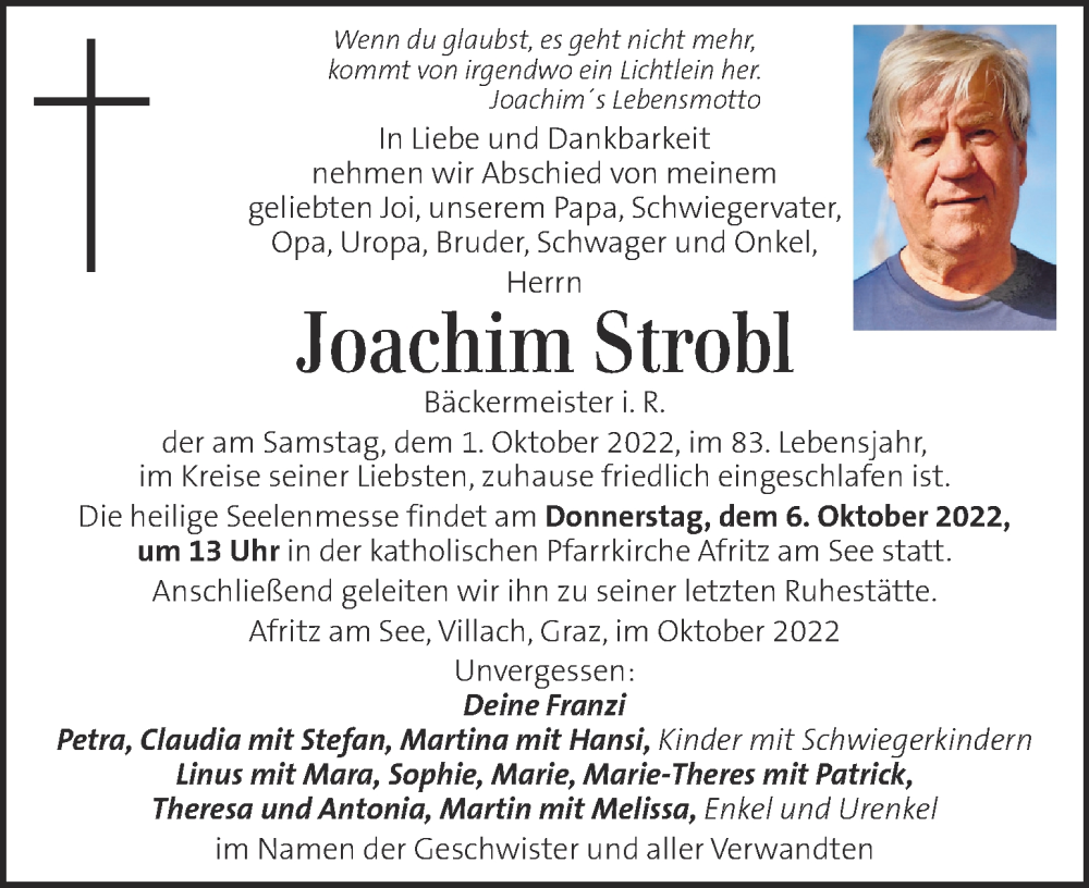  Traueranzeige für Joachim Strobl vom 04.10.2022 aus Kleine Zeitung