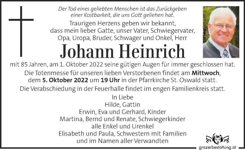  Traueranzeige für Johann Heinrich vom 04.10.2022 aus Kleine Zeitung