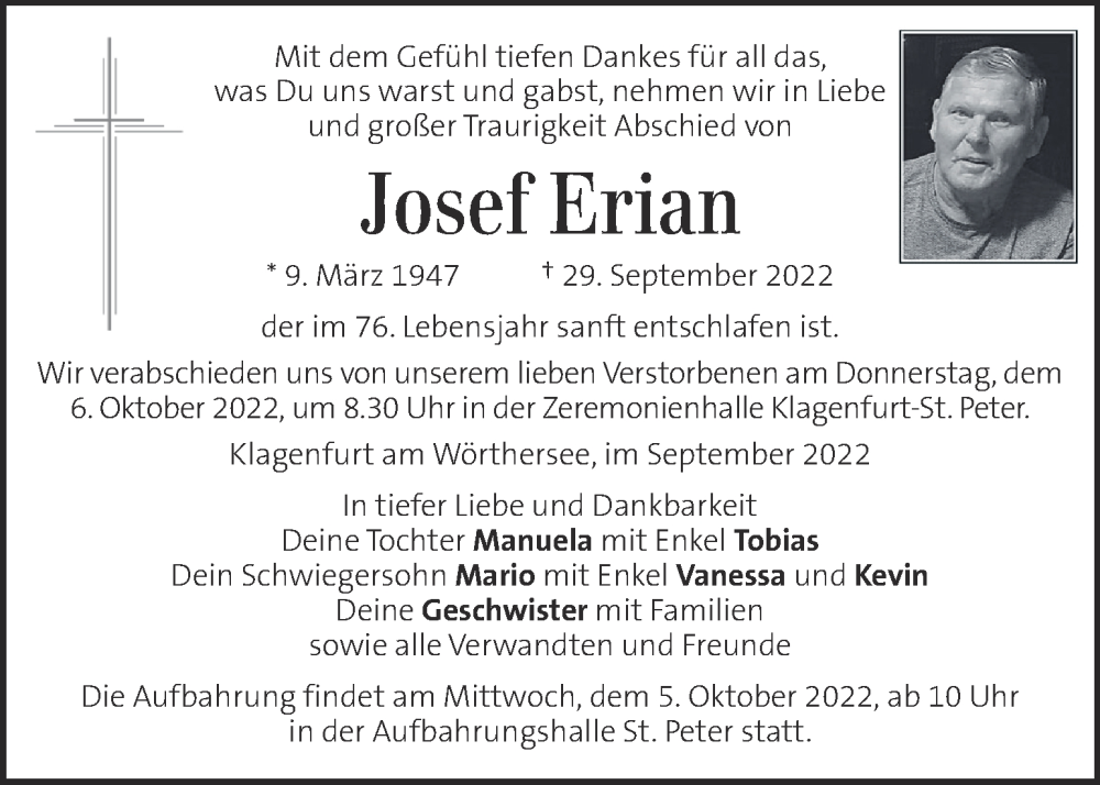  Traueranzeige für Josef Erian vom 05.10.2022 aus Kleine Zeitung