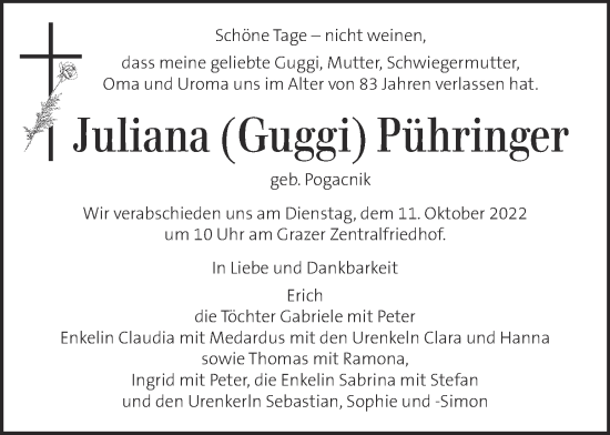 Traueranzeige von Juliana Pühringer von Kleine Zeitung