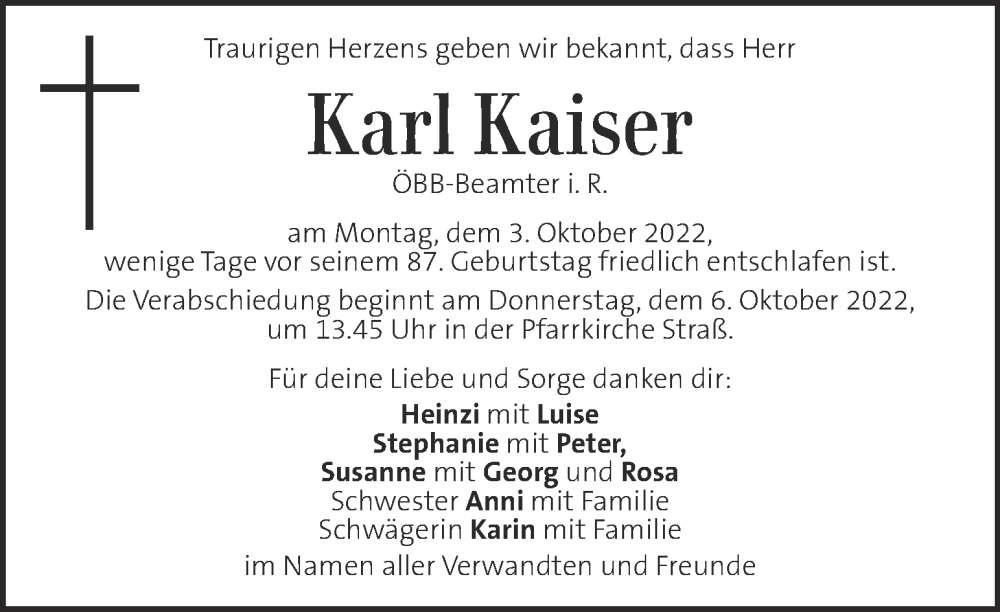 Traueranzeige für Karl Kaiser vom 06.10.2022 aus Kleine Zeitung