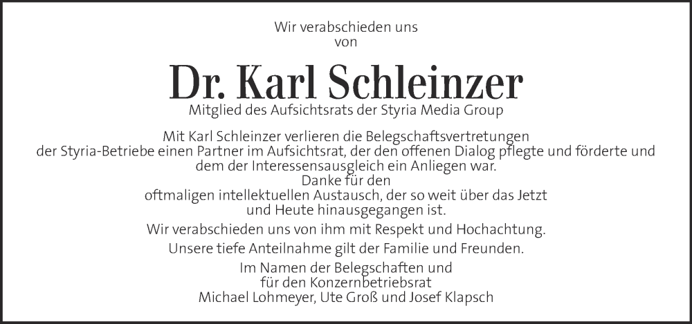  Traueranzeige für Karl Schleinzer vom 11.10.2022 aus Kleine Zeitung