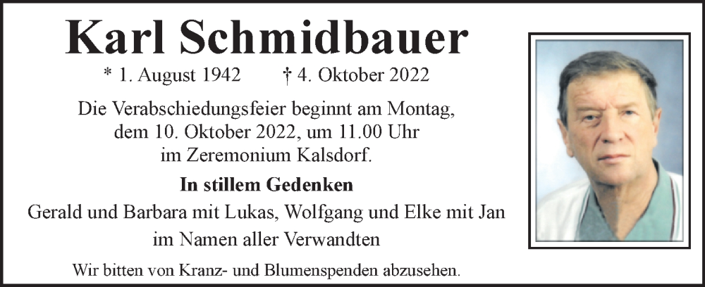  Traueranzeige für Karl Schmidbauer vom 07.10.2022 aus Kleine Zeitung
