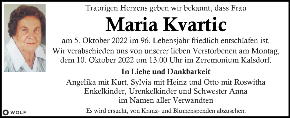  Traueranzeige für Maria Kvartic vom 08.10.2022 aus Kleine Zeitung