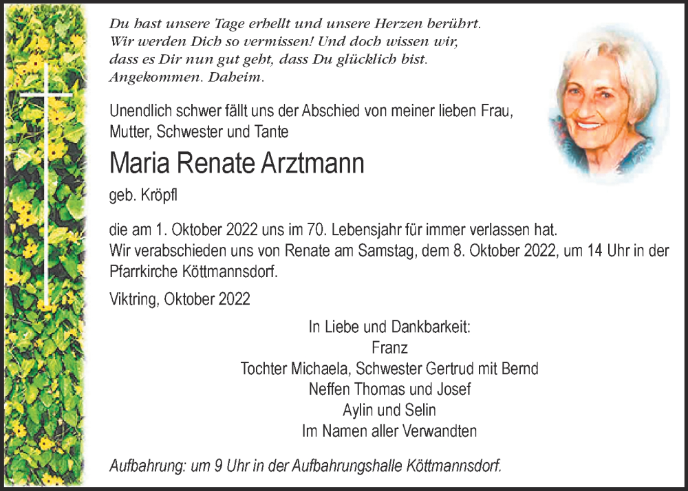  Traueranzeige für Maria Renate Arztmann vom 07.10.2022 aus Kleine Zeitung