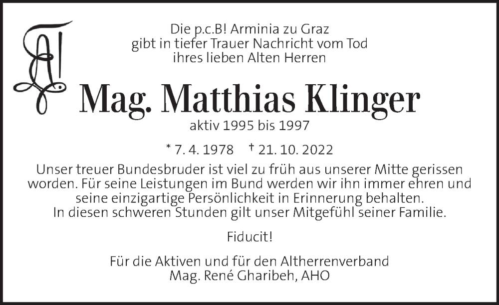  Traueranzeige für Matthias Klinger vom 30.10.2022 aus Kleine Zeitung