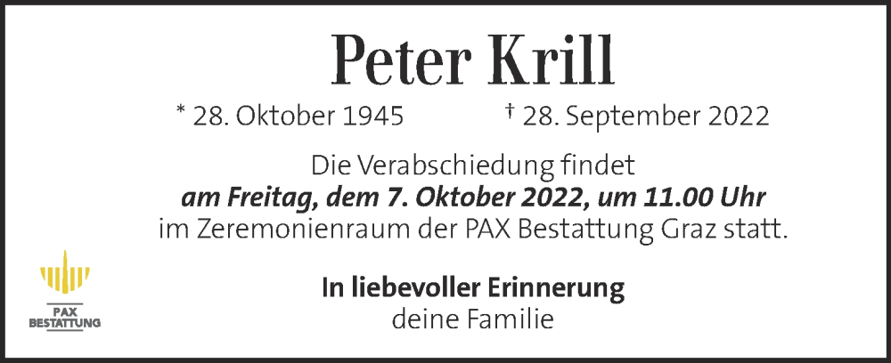  Traueranzeige für Peter Krill vom 04.10.2022 aus Kleine Zeitung