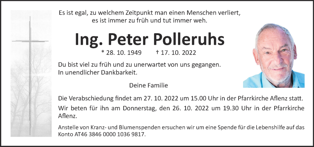  Traueranzeige für Peter Polleruhs vom 22.10.2022 aus Kleine Zeitung