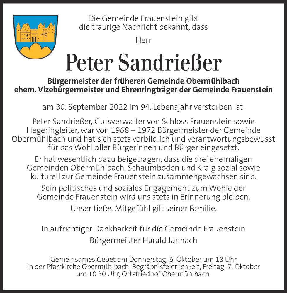  Traueranzeige für Peter Sandrießer vom 05.10.2022 aus Kleine Zeitung