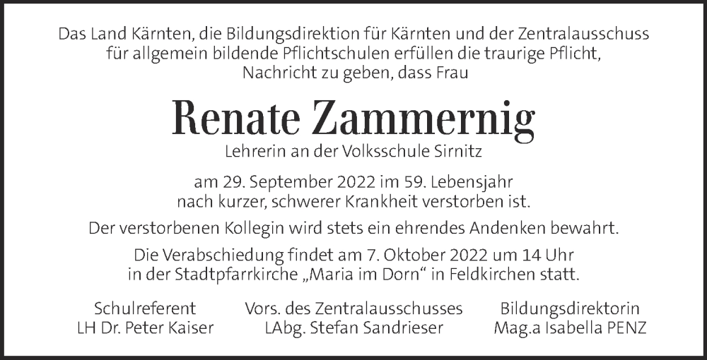  Traueranzeige für Renate Zammernig  vom 05.10.2022 aus Kleine Zeitung