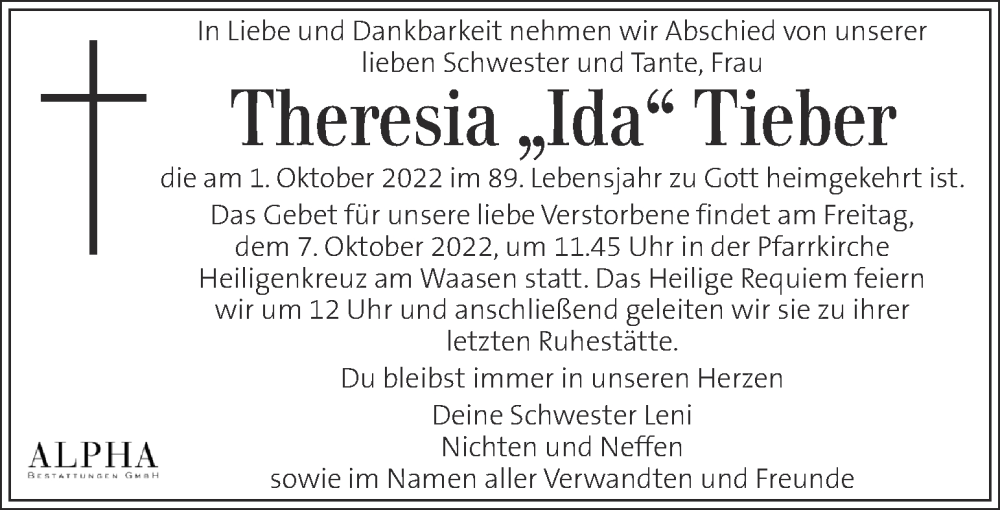  Traueranzeige für Theresia Tieber vom 05.10.2022 aus Kleine Zeitung
