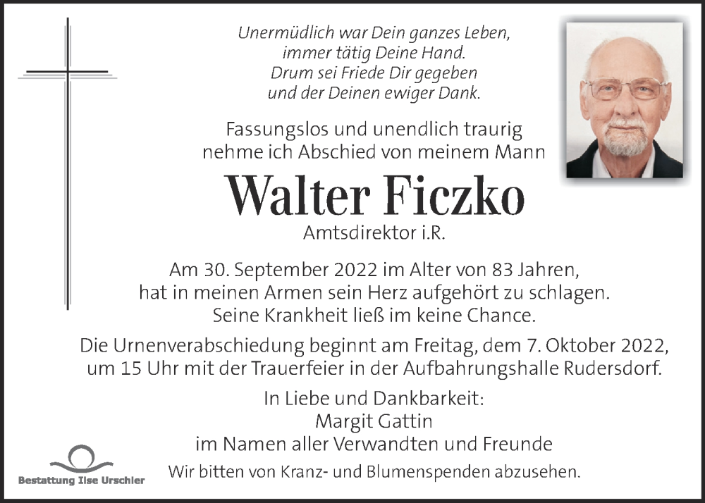  Traueranzeige für Walter Ficzko vom 05.10.2022 aus Kleine Zeitung