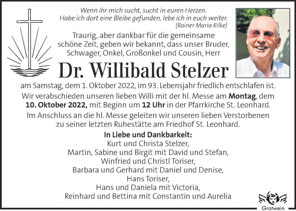  Traueranzeige für Willibald Stelzer vom 07.10.2022 aus Kleine Zeitung