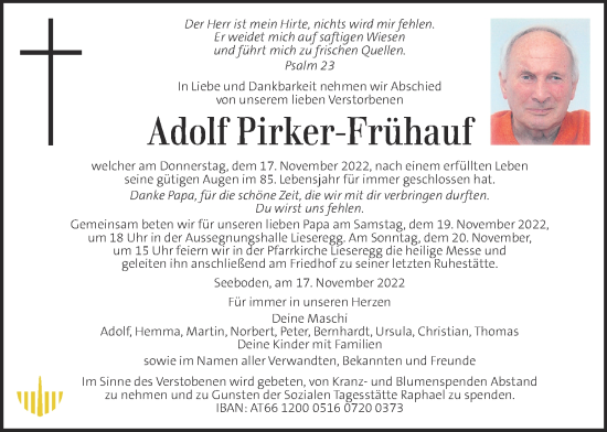 Traueranzeige von Adolf Pirker-Frühauf von Kleine Zeitung