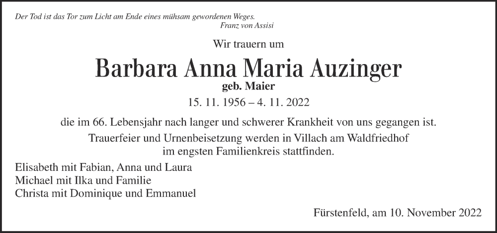  Traueranzeige für Barbara Anna Maria Auzinger vom 11.11.2022 aus Kleine Zeitung