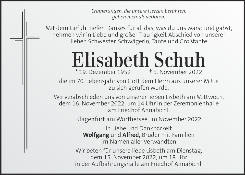  Traueranzeige für Elisabeth  Schuh vom 12.11.2022 aus Kleine Zeitung