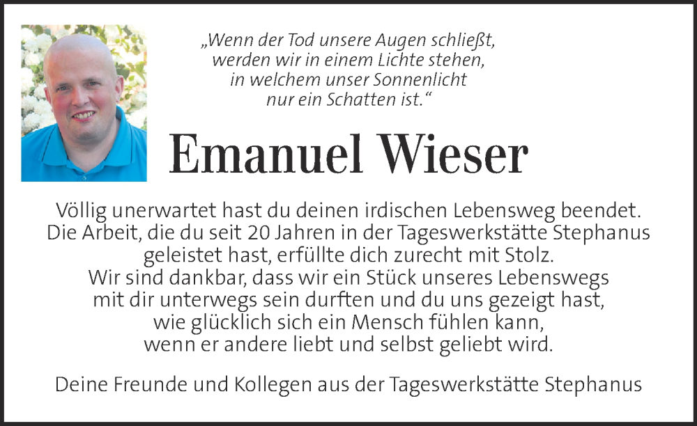  Traueranzeige für Emanuel Wieser vom 16.11.2022 aus Kleine Zeitung