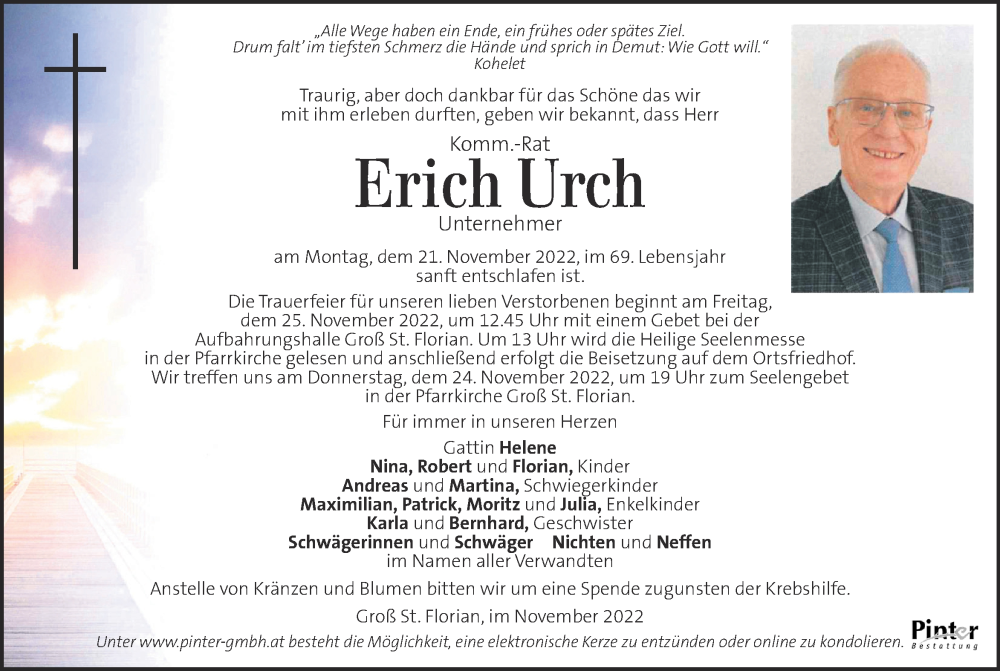  Traueranzeige für Erich Urch vom 24.11.2022 aus Kleine Zeitung