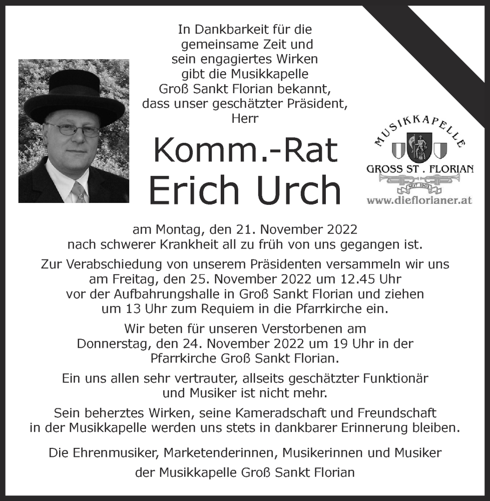  Traueranzeige für Erich Urch vom 24.11.2022 aus Kleine Zeitung