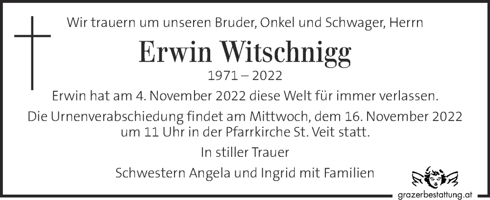  Traueranzeige für Erwin Witschnigg vom 12.11.2022 aus Kleine Zeitung