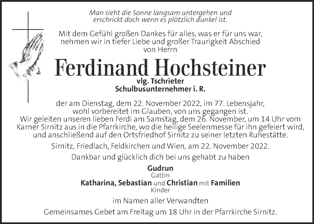  Traueranzeige für Ferdinand Hochsteiner vom 24.11.2022 aus Kleine Zeitung