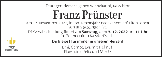 Traueranzeige von Franz Prünster von Kleine Zeitung