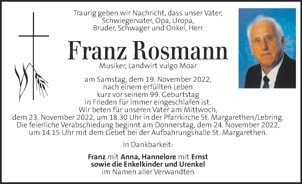  Traueranzeige für Franz Rosmann vom 23.11.2022 aus Kleine Zeitung
