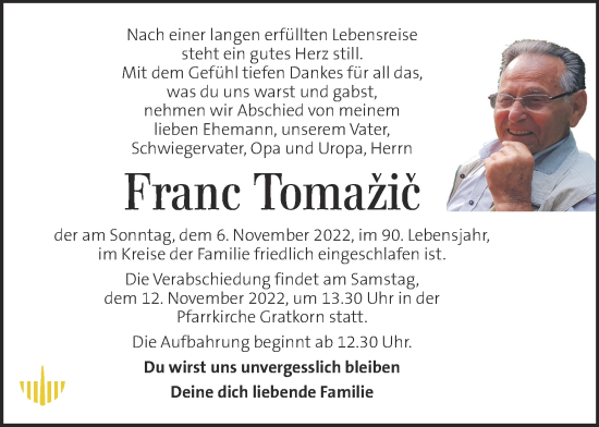 Traueranzeige von Franz Tomazic von Kleine Zeitung