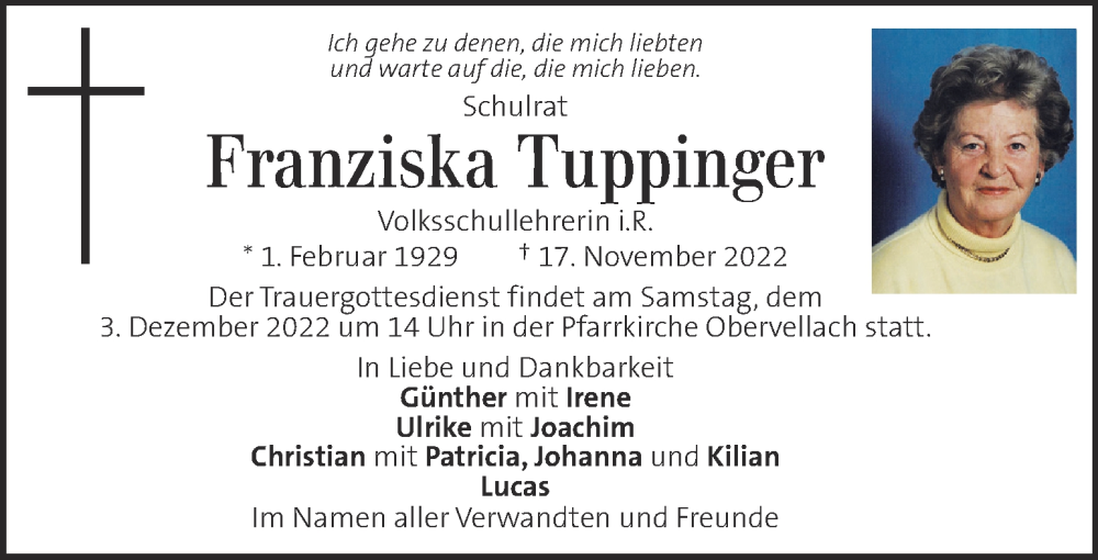  Traueranzeige für Franziska Tuppinger vom 01.12.2022 aus Kleine Zeitung
