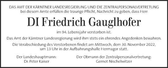 Traueranzeige von Friedrich Gaugelhofer von Kleine Zeitung