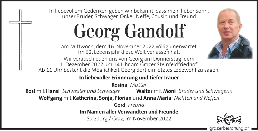  Traueranzeige für Georg Gandolf vom 27.11.2022 aus Kleine Zeitung