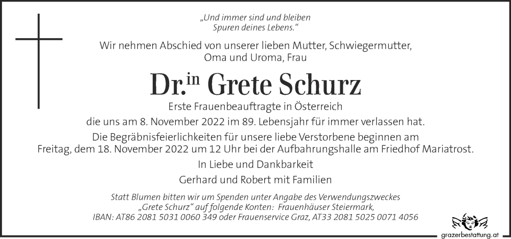  Traueranzeige für Grete Schurz vom 12.11.2022 aus Kleine Zeitung