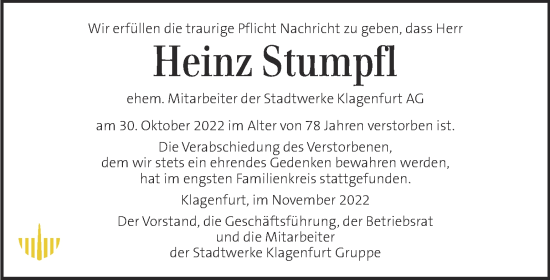 Traueranzeige von Heinz Stumpfl von Kleine Zeitung